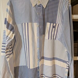 Ralph Lauren Men's Blue and White Patchwork Shirt